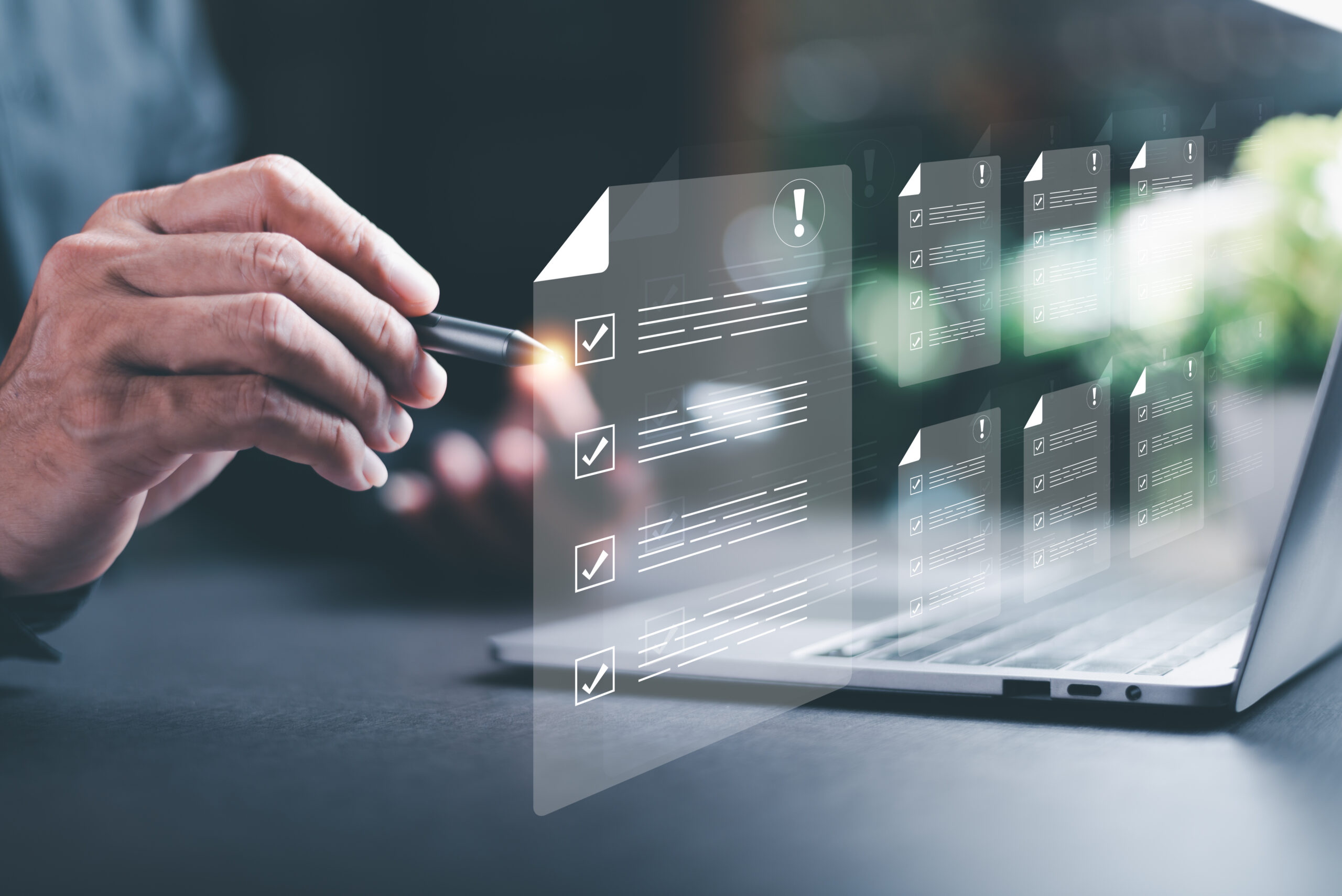Businessman checking the steps through a virtual online document Businessman checking the steps through a virtual online document with a list of checkboxes Concepts of practices and policies, company articles of association Terms and Conditions